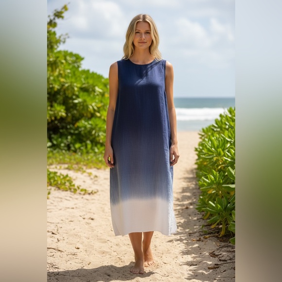 Paraphrase Dresses & Skirts - Paraphrase Blue Ombré Linen S/M Column Lightweight Sleeveless Midi Dress